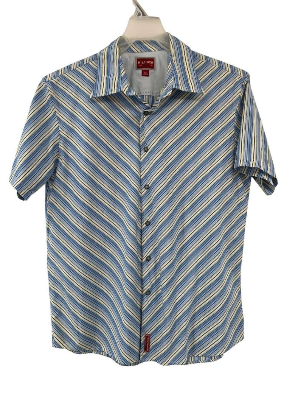 Vintage Tommy Hilfiger Red Label Shirt Mens L Blue Stripe Snap Used Cotton